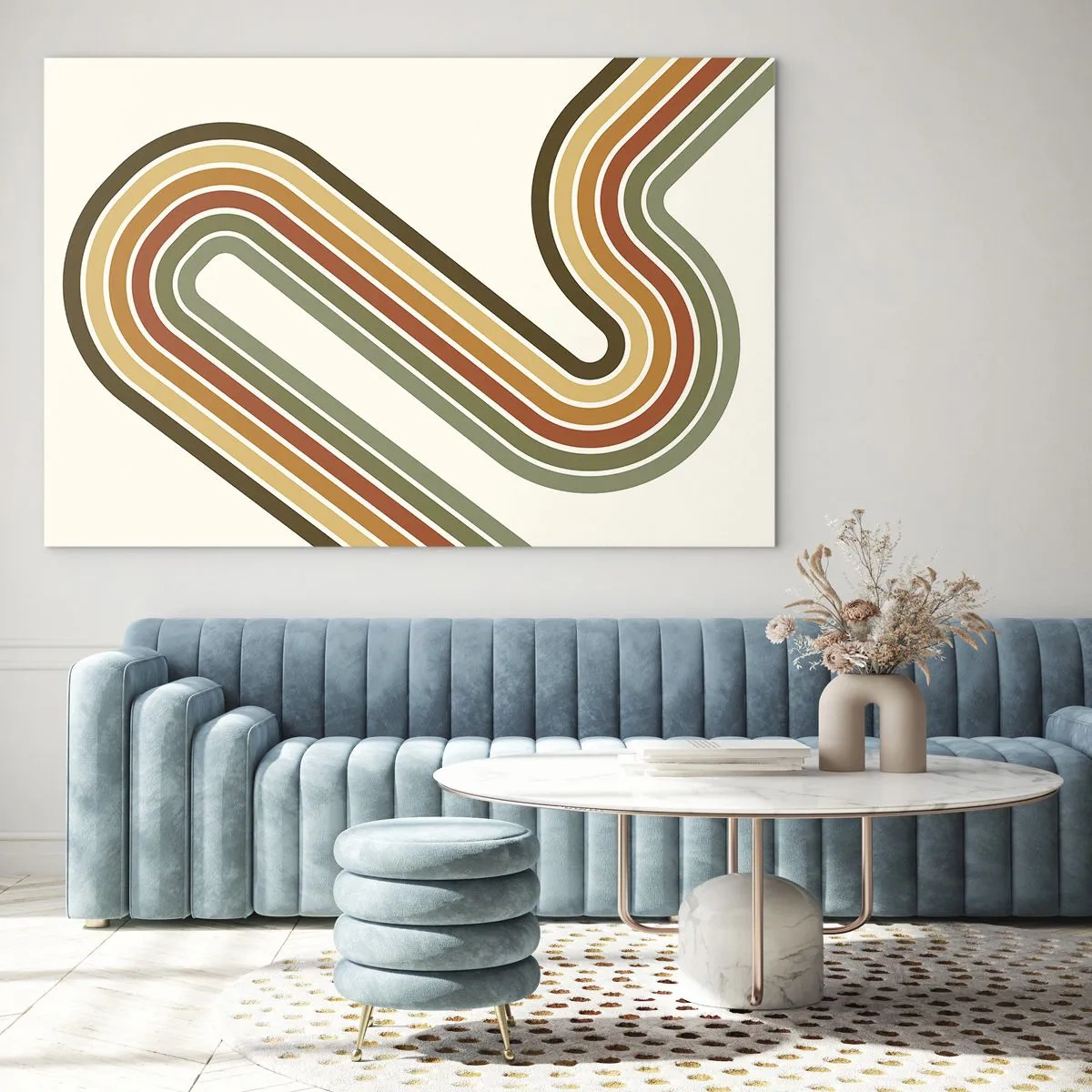 Glasbild - Bild auf glas - Geometrische Abstraktion im Retro-Stil mit Wellenlinien - 70x50cm - Zickzack zum Ziel - Moderne Wanddekoration für Wohnzimmer und Schlafzimmer ARTTOR
