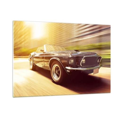 Glasbild - Bild auf glas - Oldtimer in Bewegung im Sonnenlicht - 120x80cm - 1967 - die Legende kehrt zurück - Moderne Wanddekoration für Wohnzimmer und Schlafzimmer ARTTOR