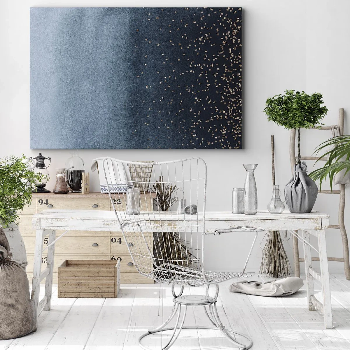 Bild auf Leinwand - Leinwandbild - Blaue Farbverläufe mit dezenten Goldakzenten - 120x80cm - Komposition - blaue Phasen - Moderne Wanddekoration für Wohnzimmer und Schlafzimmer ARTTOR