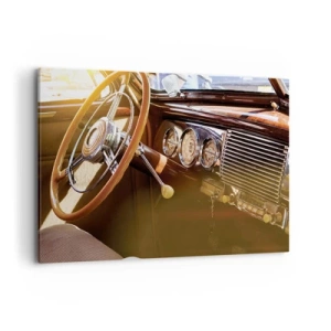 Bild auf Leinwand - Leinwandbild - Nahaufnahme des Innenraums eines Oldtimers mit Holz- und Chromdetails. - 100x70cm - Ein Hauch von Luxus aus der Vergangenheit - Moderne Wanddekoration für Wohnzimmer und Schlafzimmer ARTTOR