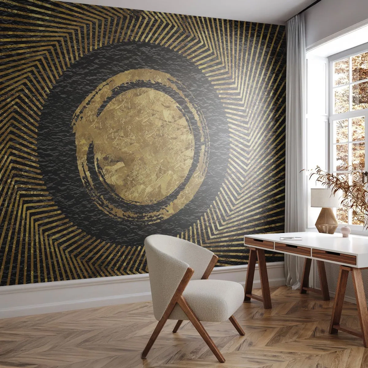 Fototapete Premium Sand - Goldener Kreis und Strahlen auf schwarzem Hintergrund - 100x70cm - Glamour-Komposition - Moderne Wanddekoration für Wohnzimmer und Schlafzimmer ARTTOR