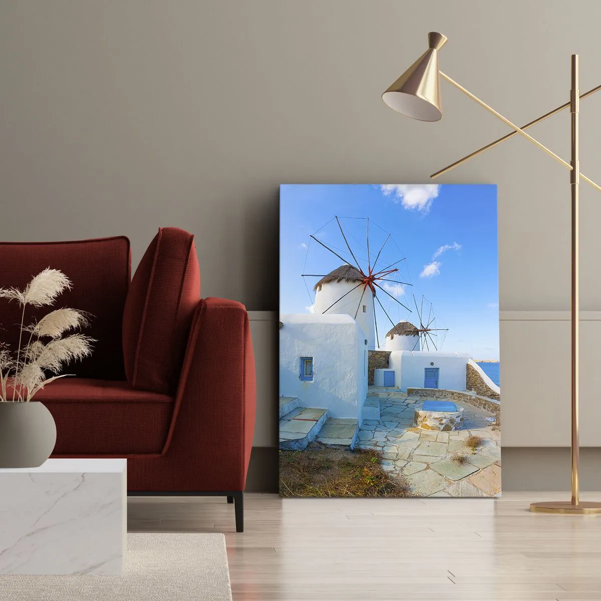 Bild auf Leinwand - Leinwandbild - Weiße Windmühlen an den Ufern des blauen Meeres - 70x100cm - Der blaue Wind vom Meer - Moderne Wanddekoration für Wohnzimmer und Schlafzimmer ARTTOR