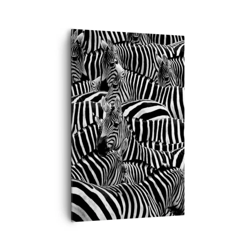 Bild auf Leinwand - Leinwandbild - Eine Gruppe Zebras mit schwarzen und weißen Streifen, die ein symmetrisches Muster bilden. - 80x120cm - Gestreiftes Gruppenportrait - Moderne Wanddekoration für Wohnzimmer und Schlafzimmer ARTTOR