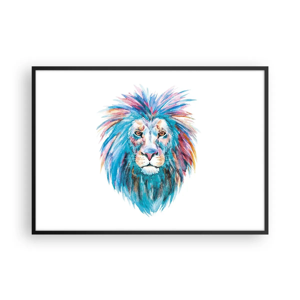Poster in einem schwarzem Rahmen - Aquarellporträt eines Löwen in lebendigen Farben - 100x70cm - Eine elektrisierende Aura - Moderne Wanddekoration für Wohnzimmer und Schlafzimmer ARTTOR