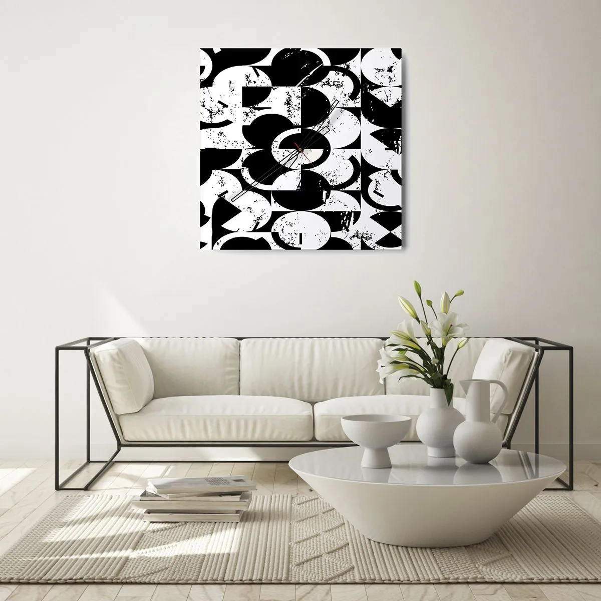 Wanduhr - Glasuhr - Abstraktes schwarz-weißes geometrisches Muster mit Vintage-Effekt - 30x30cm - Weiß ist weiß und schwarz ist schwarz - Moderne Wanddekoration für Wohnzimmer und Schlafzimmer ARTTOR