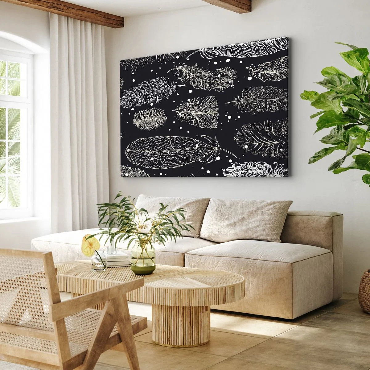 Bild auf Leinwand - Leinwandbild - Zarte weiße Federn auf marineblauem Hintergrund - 120x80cm - Gefiederte Spitze - Moderne Wanddekoration für Wohnzimmer und Schlafzimmer ARTTOR