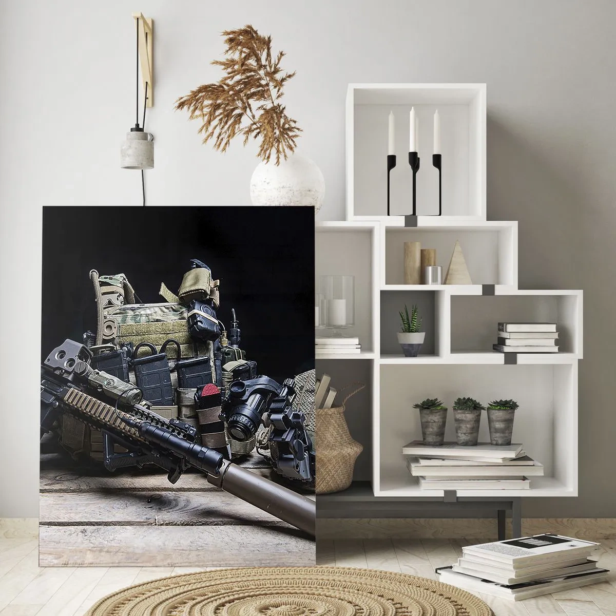 Glasbild - Bild auf glas - Taktische Ausrüstung und Waffen auf einem Holztisch angeordnet - 50x70cm - Sich ausruhen! - Moderne Wanddekoration für Wohnzimmer und Schlafzimmer ARTTOR
