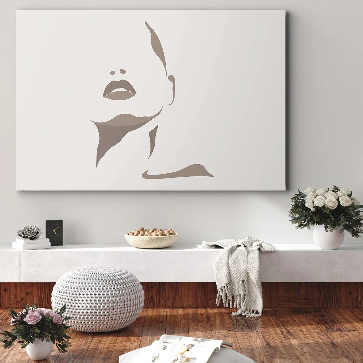 Bild auf Leinwand - Leinwandbild - Minimalistische Kontur eines Frauengesichts in zarten Beigetönen - 70x50cm - Aus Licht und Schatten - Moderne Wanddekoration für Wohnzimmer und Schlafzimmer ARTTOR