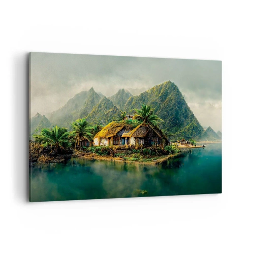 Bild auf Leinwand - Leinwandbild - Eine tropische Insel mit Palmen und Bergen im Hintergrund - 120x80cm - Tropisches Paradies - Moderne Wanddekoration für Wohnzimmer und Schlafzimmer ARTTOR