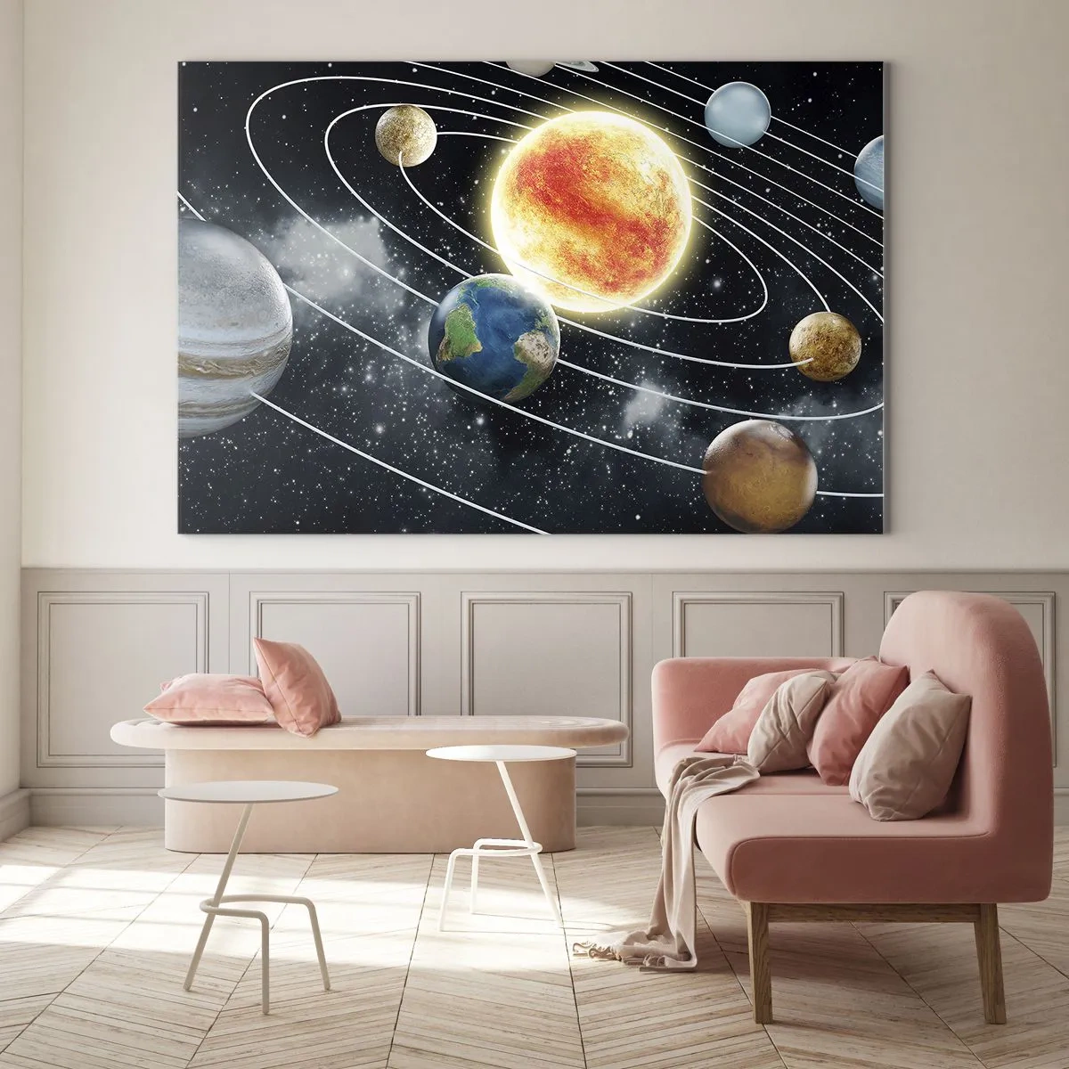 Glasbild - Bild auf glas - Das Sonnensystem mit Planeten und Umlaufbahnen vor dem Hintergrund des Weltraums - 120x80cm - Kosmischer Tanz - Moderne Wanddekoration für Wohnzimmer und Schlafzimmer ARTTOR