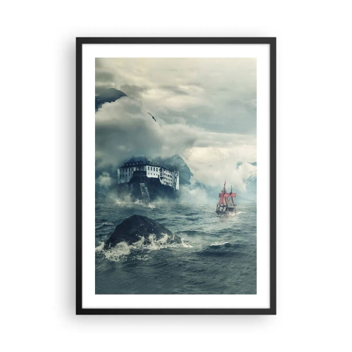 Poster in einem schwarzem Rahmen - Ein Schiff auf stürmischer See in der Nähe einer Burg im Nebel - 50x70cm - In magischen Gewässern - Moderne Wanddekoration für Wohnzimmer und Schlafzimmer ARTTOR