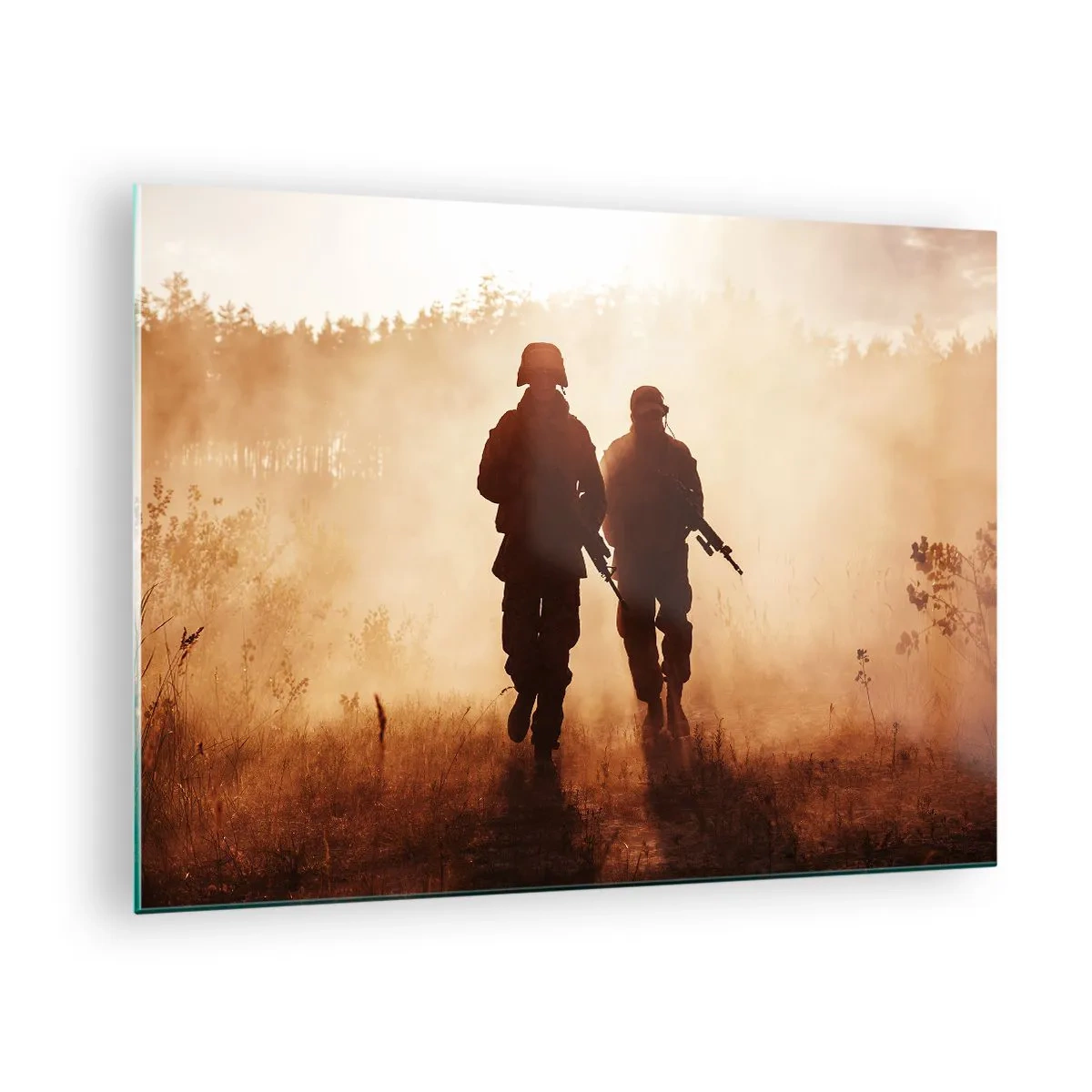 Glasbild - Bild auf glas - Zwei Soldaten im Einsatz vor der Kulisse der untergehenden Sonne - 70x50cm - Ruf der Pflicht - Moderne Wanddekoration für Wohnzimmer und Schlafzimmer ARTTOR