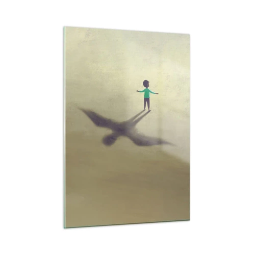 Glasbild - Bild auf glas - Ein Junge mit einem vogelförmigen Schatten auf beigem Hintergrund - 50x70cm - Der Held der Zukunft - Moderne Wanddekoration für Wohnzimmer und Schlafzimmer ARTTOR