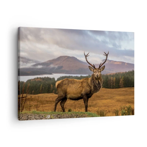 Bild auf Leinwand - Leinwandbild - Ein Hirsch vor der Kulisse einer Berglandschaft mit Seen und Wäldern - 70x50cm - Die Majestät der Natur - Moderne Wanddekoration für Wohnzimmer und Schlafzimmer ARTTOR