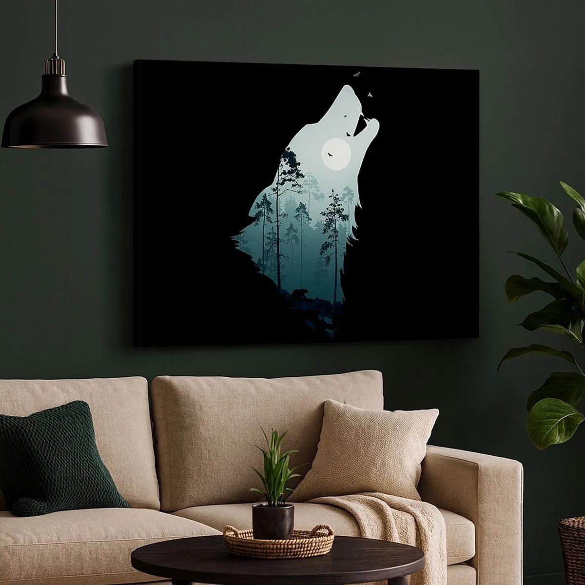 Bild auf Leinwand - Leinwandbild - Silhouette eines Wolfes mit Wald und Mond im Hintergrund - 70x50cm - Die Stimme der Waldnacht - Moderne Wanddekoration für Wohnzimmer und Schlafzimmer ARTTOR
