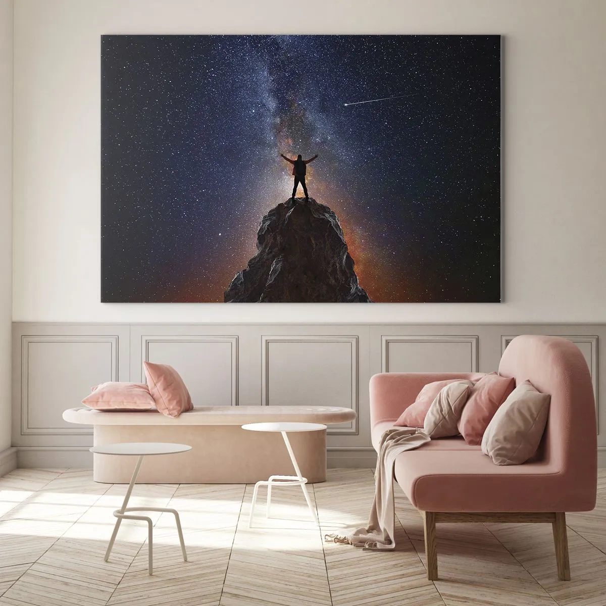 Glasbild - Bild auf glas - Silhouette eines Mannes auf einem Felsen unter einem Sternenhimmel - 70x50cm - Die Macht ist mit mir! - Moderne Wanddekoration für Wohnzimmer und Schlafzimmer ARTTOR