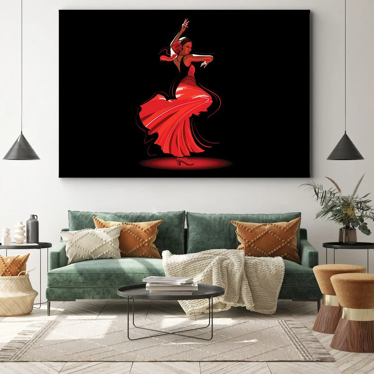 Bild auf Leinwand - Leinwandbild - Flamenco-Tänzerin in einem roten Kleid vor schwarzem Hintergrund - 120x80cm - Der feurige Geist des Flamenco - Moderne Wanddekoration für Wohnzimmer und Schlafzimmer ARTTOR