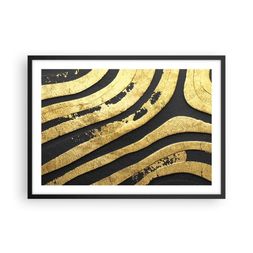 Poster in einem schwarzem Rahmen - Goldene abstrakte Wellen auf schwarzem Hintergrund - 70x50cm - Alles fließt - Moderne Wanddekoration für Wohnzimmer und Schlafzimmer ARTTOR
