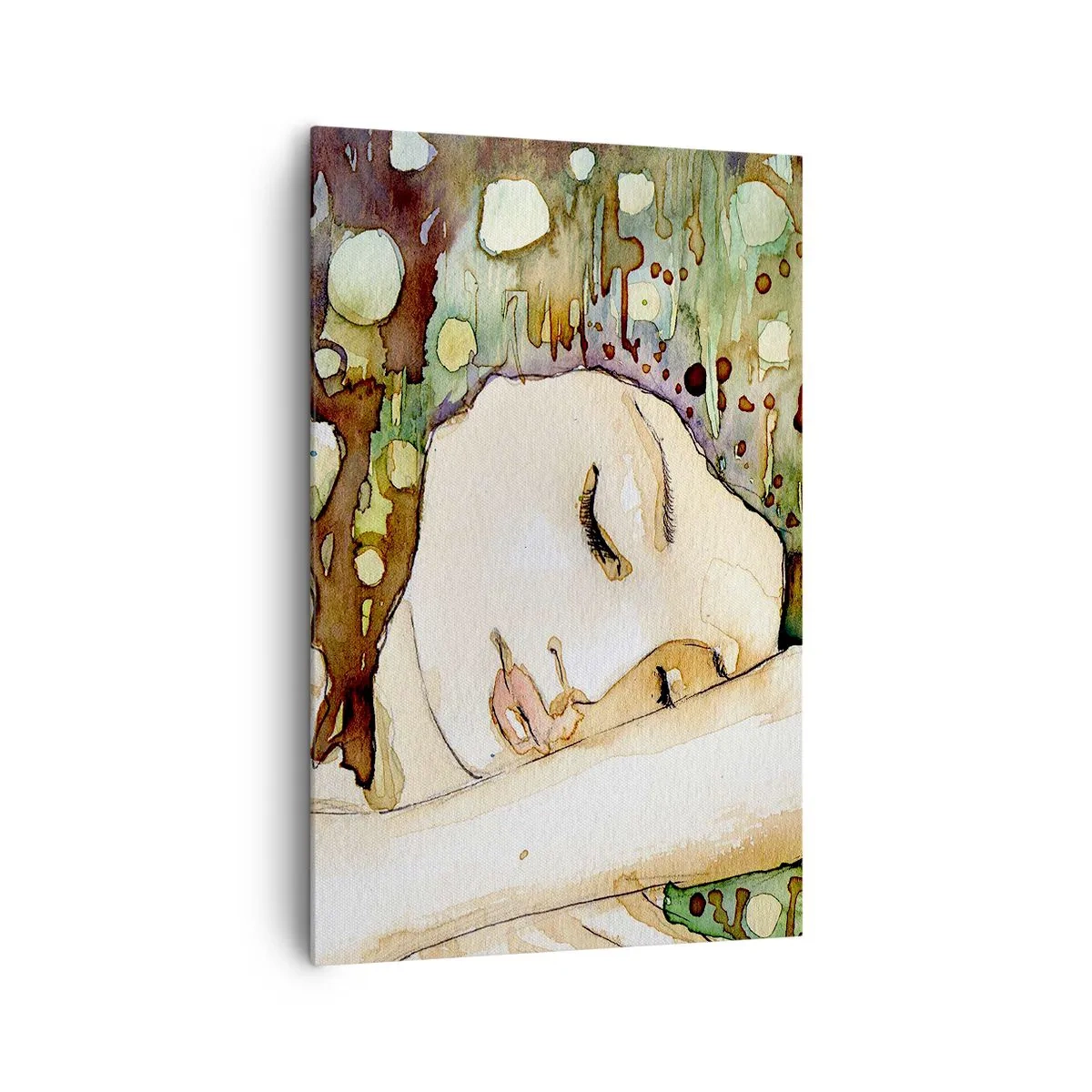 Bild auf Leinwand - Leinwandbild - Eine träumende Frau, umgeben von abstrakten Formen und Farben. - 80x120cm - Ein smaragd-violetter Traum - Moderne Wanddekoration für Wohnzimmer und Schlafzimmer ARTTOR