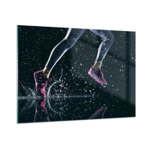 Glasbild - Bild auf glas - Laufen durchs Wasser in Sportschuhen vor dunklem Hintergrund - 100x70cm - Wie viel Kraft in den Beinen - Moderne Wanddekoration für Wohnzimmer und Schlafzimmer ARTTOR
