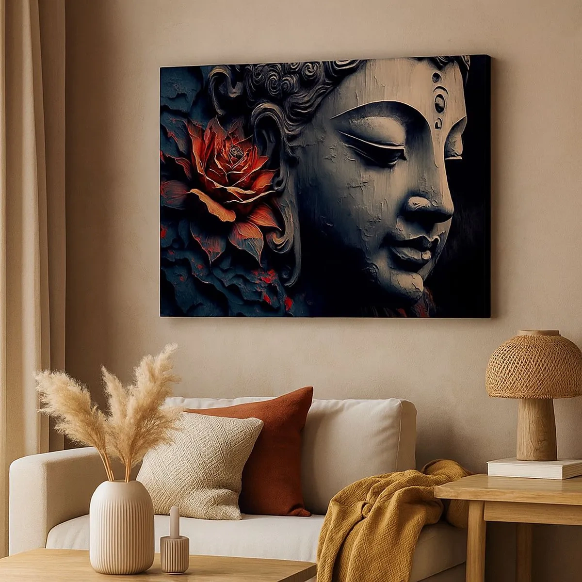 Bild auf Leinwand - Leinwandbild - Buddha-Skulptur mit einer roten Lotusblüte - 70x50cm - Im Einklang mit der Welt - Moderne Wanddekoration für Wohnzimmer und Schlafzimmer ARTTOR