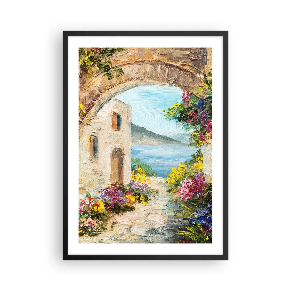 Poster in einem schwarzem Rahmen - Steinbogen mit Blick auf das Meer - 50x70cm - Charme einer Küstenprovinz - Moderne Wanddekoration für Wohnzimmer und Schlafzimmer ARTTOR