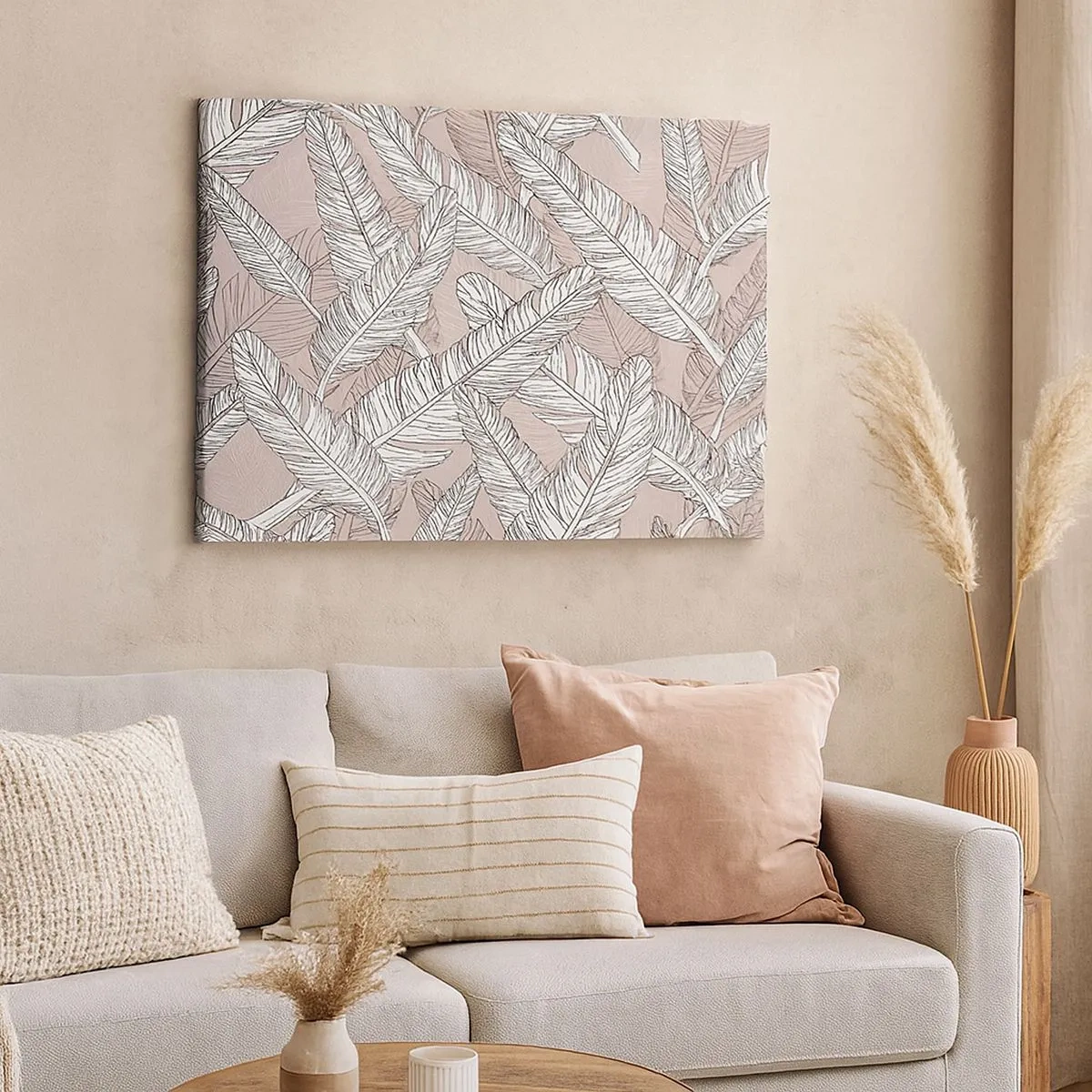 Bild auf Leinwand - Leinwandbild - Schwarz-weißes Muster mit Bananenblättern auf hellem Hintergrund - 70x50cm - Ein Federwirbel - Moderne Wanddekoration für Wohnzimmer und Schlafzimmer ARTTOR