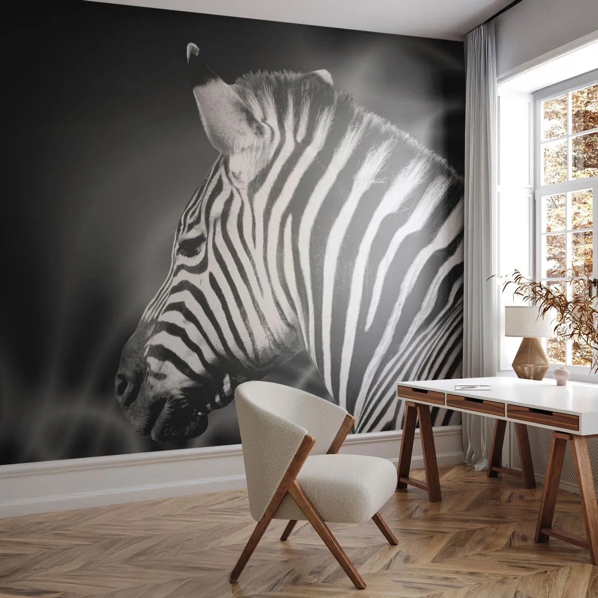 Fototapete Premium Sand - Schwarz-weißes Zebra auf abstraktem Hintergrund - 100x70cm - Weiß ist weiß und schwarz ist schwarz - Moderne Wanddekoration für Wohnzimmer und Schlafzimmer ARTTOR