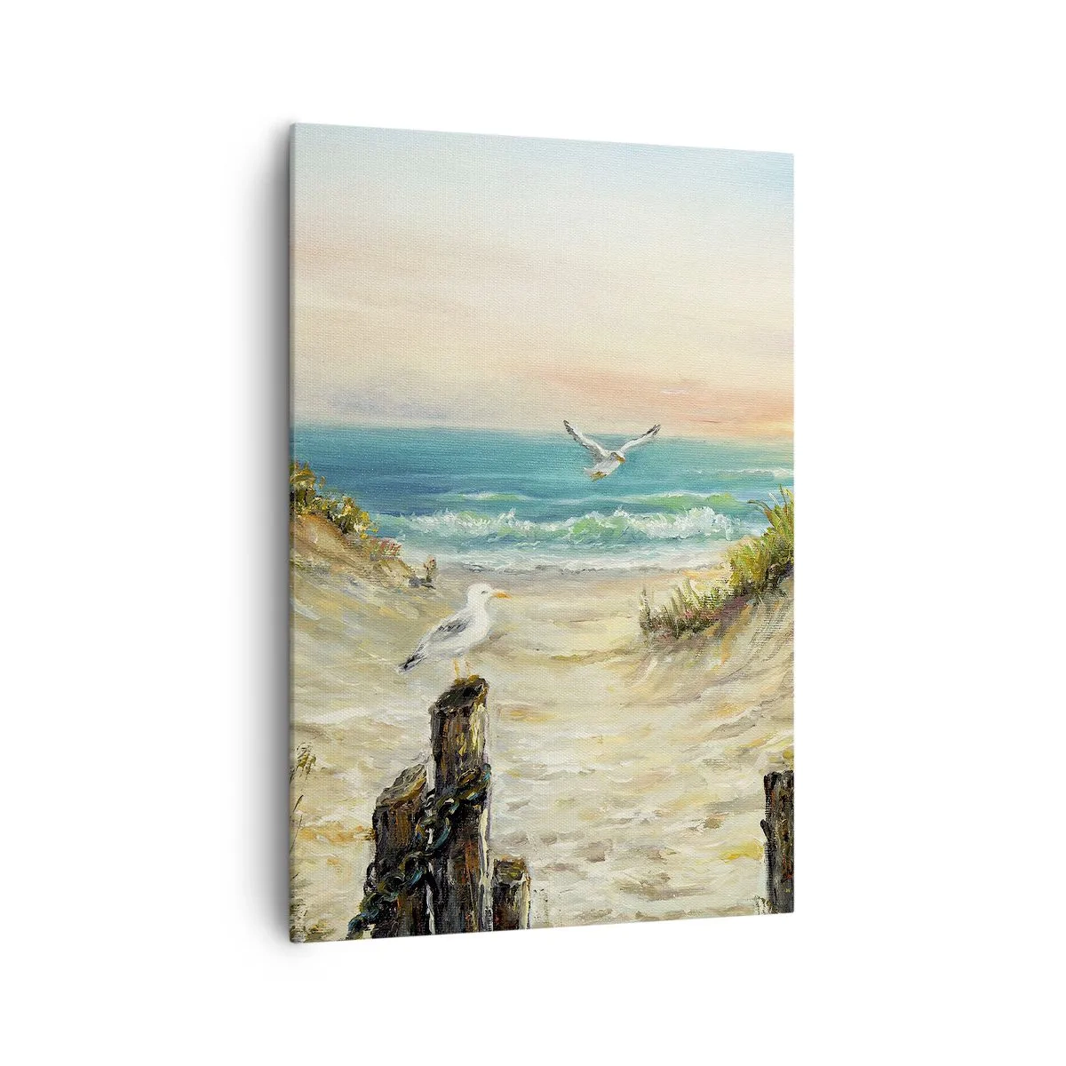 Bild auf Leinwand - Leinwandbild - Küste mit Möwen und Dünen bei Sonnenuntergang - 70x100cm - Windlose Abgeschiedenheit - Moderne Wanddekoration für Wohnzimmer und Schlafzimmer ARTTOR