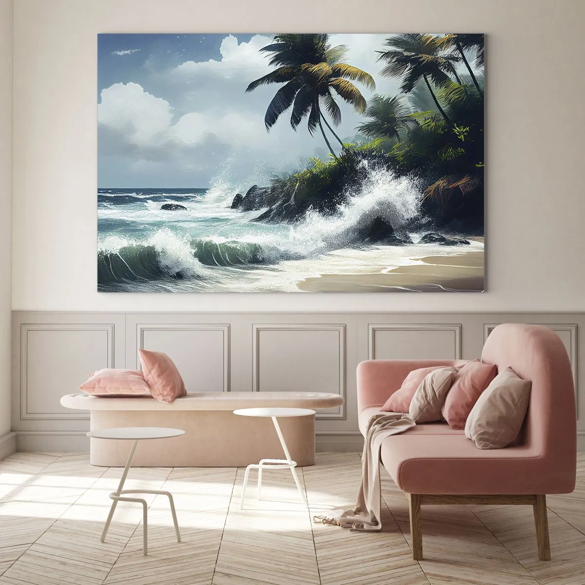 Glasbild - Bild auf glas - Wellen schlagen gegen die Felsen neben den Palmen an einem tropischen Strand - 70x50cm - Am tropischen Ufer - Moderne Wanddekoration für Wohnzimmer und Schlafzimmer ARTTOR