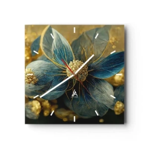 Wanduhr - Glasuhr - Elegante Blumen in Blau- und Goldtönen - 30x30cm - Mit Gold blühen - Moderne Wanddekoration für Wohnzimmer und Schlafzimmer ARTTOR