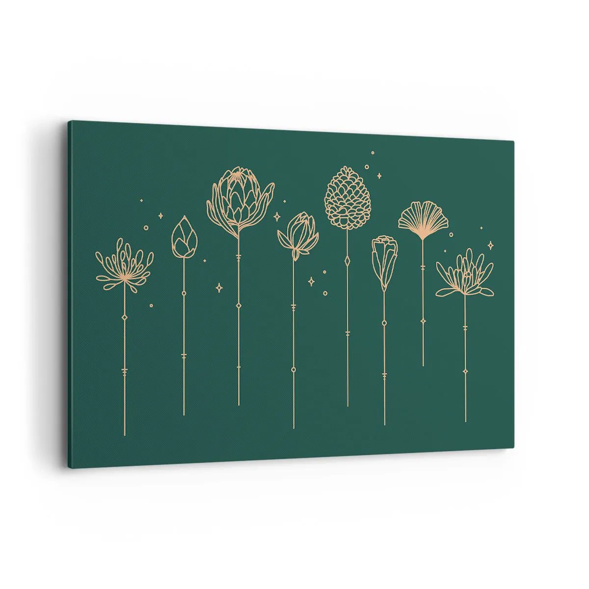 Bild auf Leinwand - Leinwandbild - Goldene Zeichnungen von Kräutern auf dunkelgrünem Hintergrund - 120x80cm - Familie ZIÓŁkowski - Moderne Wanddekoration für Wohnzimmer und Schlafzimmer ARTTOR