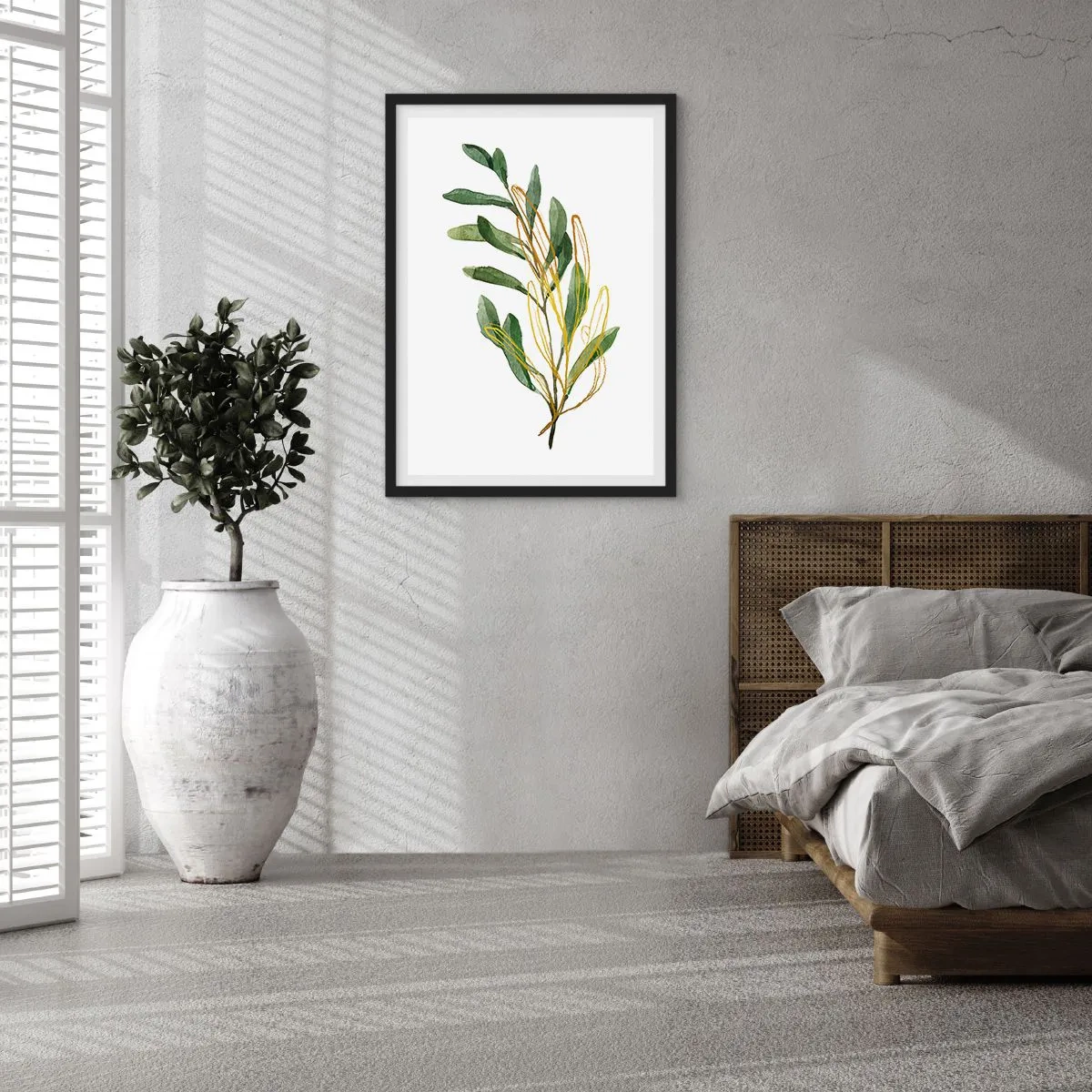 Poster in einem schwarzem Rahmen - Aquarellzweig mit zarten Goldakzenten - 50x70cm - Alles was gut ist - Moderne Wanddekoration für Wohnzimmer und Schlafzimmer ARTTOR