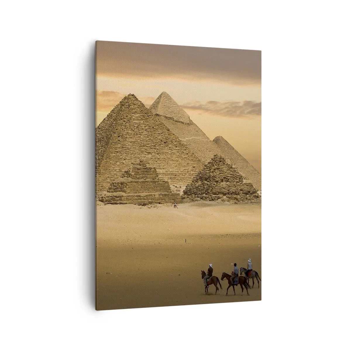 Bild auf Leinwand - Leinwandbild - Pyramiden in Ägypten bei Sonnenuntergang mit Reitern auf Pferden - 70x100cm - Seit Tausenden von Jahren keine Veränderung - Moderne Wanddekoration für Wohnzimmer und Schlafzimmer ARTTOR