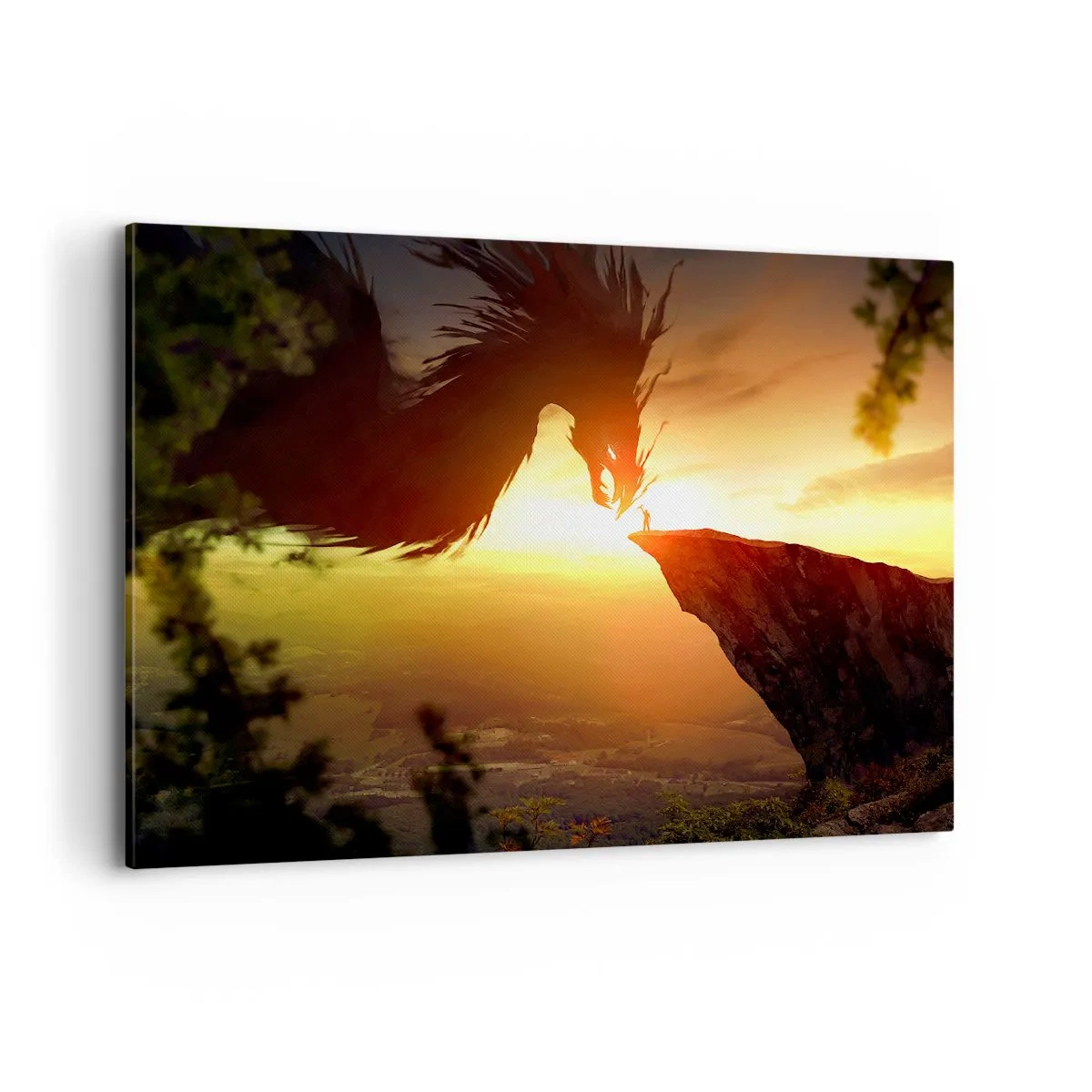 Bild auf Leinwand - Leinwandbild - Ein Drache und ein Mann auf einem Felsen im Schein der untergehenden Sonne - 100x70cm - Drachentöter - Moderne Wanddekoration für Wohnzimmer und Schlafzimmer ARTTOR