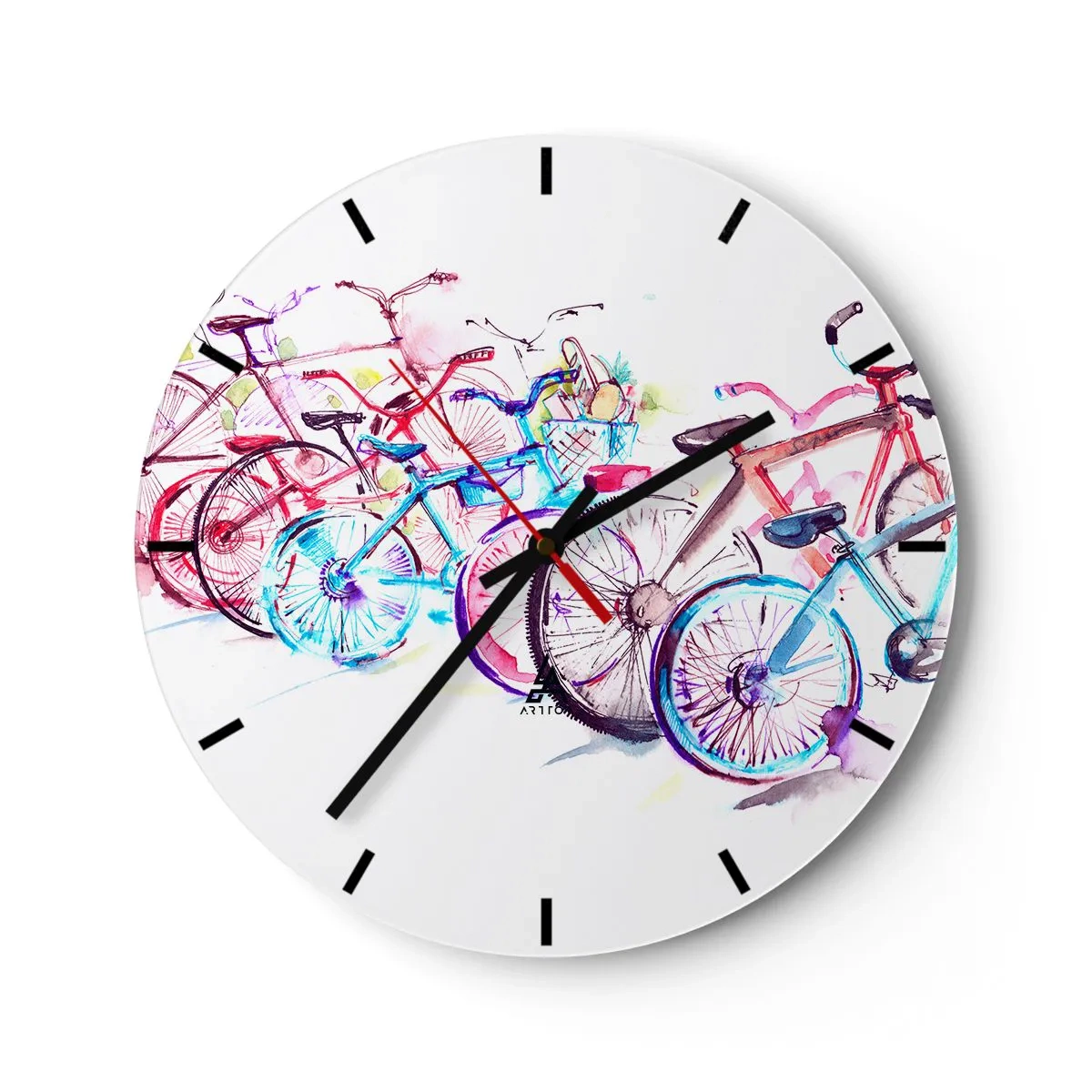 Wanduhr - Glasuhr - Aquarell Fahrräder in leuchtenden Farben auf weißem Hintergrund - 30x30cm - Kongress des Antimoto-Clubs - Moderne Wanddekoration für Wohnzimmer, Küche und Schlafzimmer ARTTOR