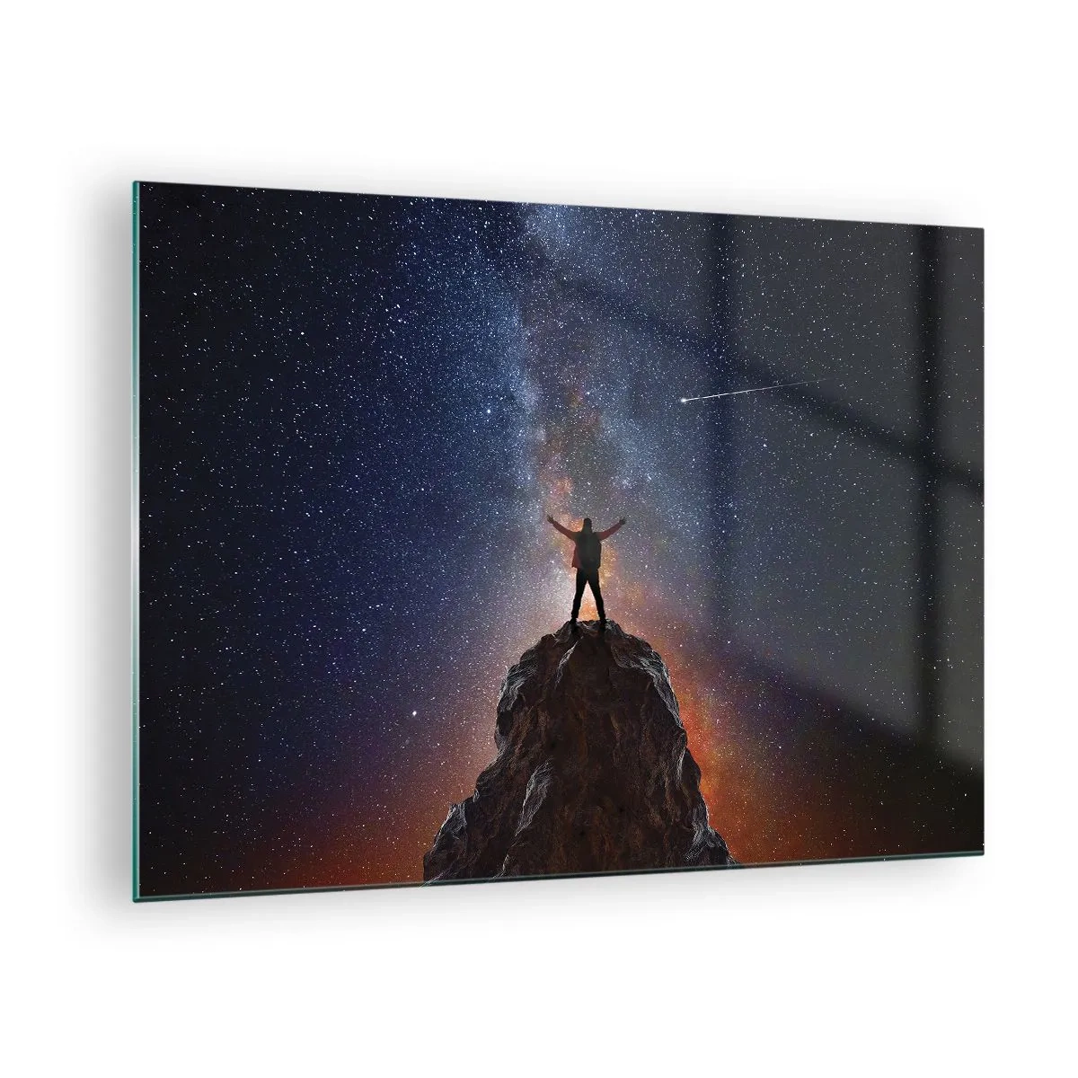 Glasbild - Bild auf glas - Silhouette eines Mannes auf einem Felsen unter einem Sternenhimmel - 70x50cm - Die Macht ist mit mir! - Moderne Wanddekoration für Wohnzimmer und Schlafzimmer ARTTOR