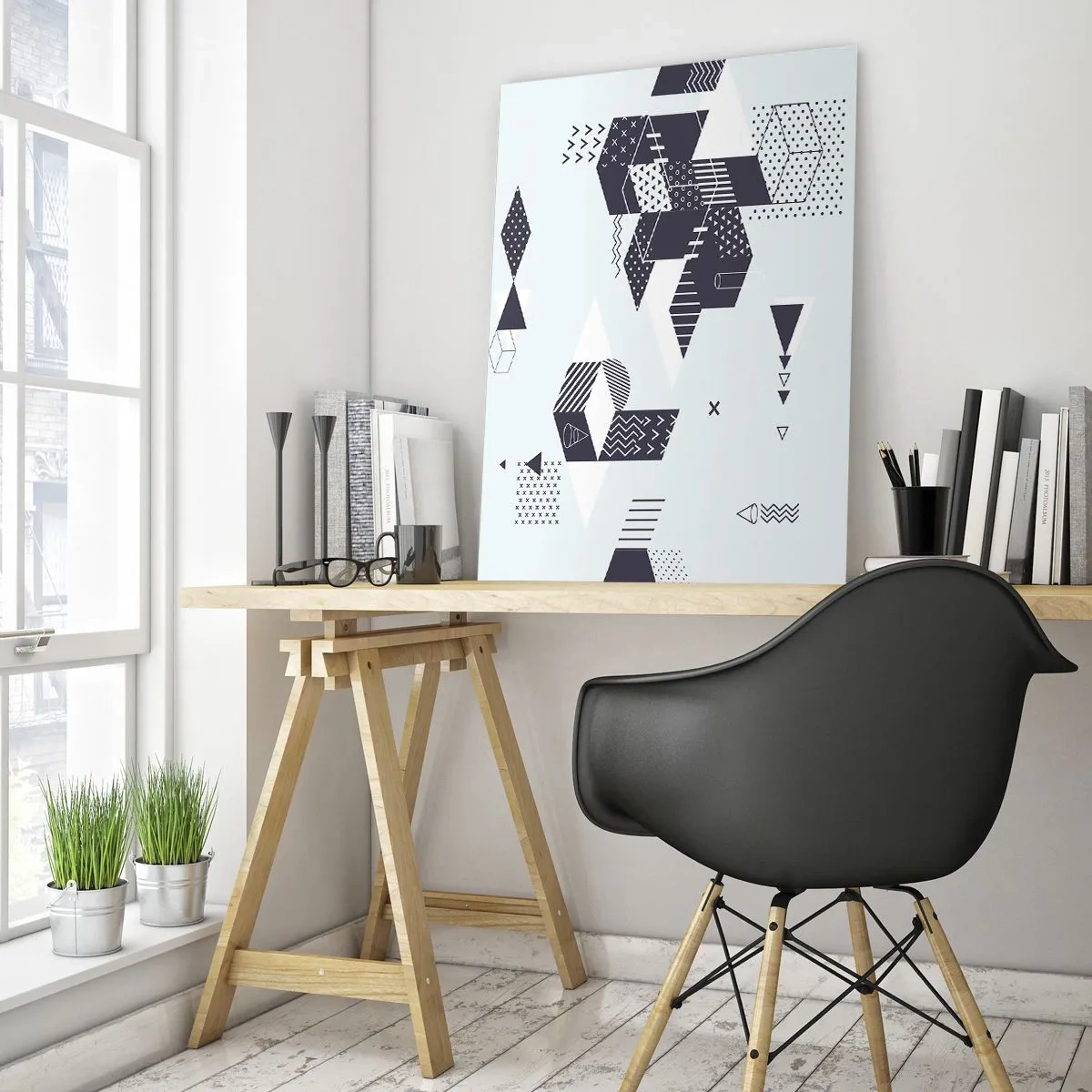 Glasbild - Bild auf glas - Moderne geometrische Grafiken in Weiß- und Marineblautönen - 70x100cm - In der Seele eines Mathematikers - Moderne Wanddekoration für Wohnzimmer und Schlafzimmer ARTTOR