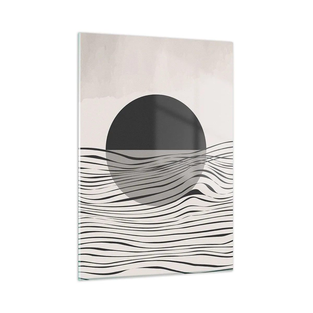 Glasbild - Bild auf glas - Schwarze Wellen und ein Kreis auf beigem Hintergrund - 50x70cm - Halbe Komposition - Moderne Wanddekoration für Wohnzimmer und Schlafzimmer ARTTOR