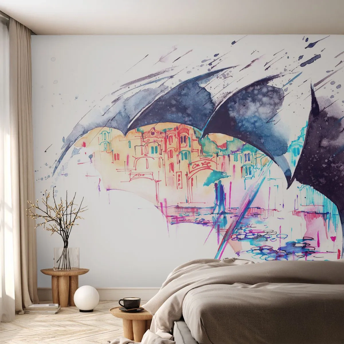 Fototapete Premium Sand - Im Regen spazieren gehen - Abstraktion, Regenschirm, Die Architektur - 150x105 cm