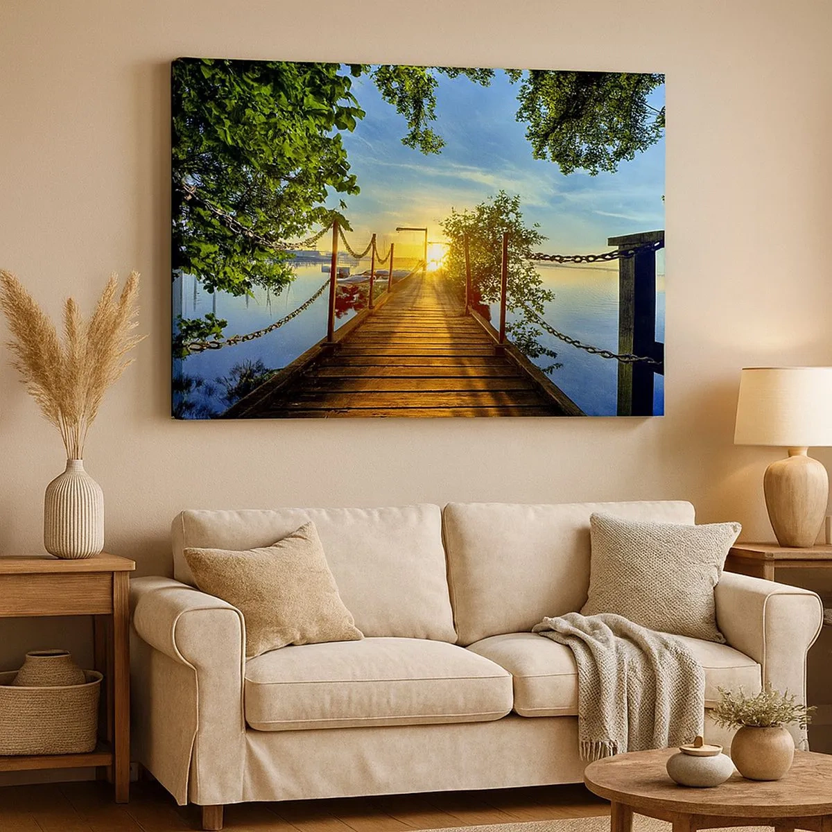 Bild auf Leinwand - Leinwandbild - Ein Pier über dem See in den Strahlen des Sonnenuntergangs - 70x50cm - Westen auf dem Wasser - Moderne Wanddekoration für Wohnzimmer und Schlafzimmer ARTTOR