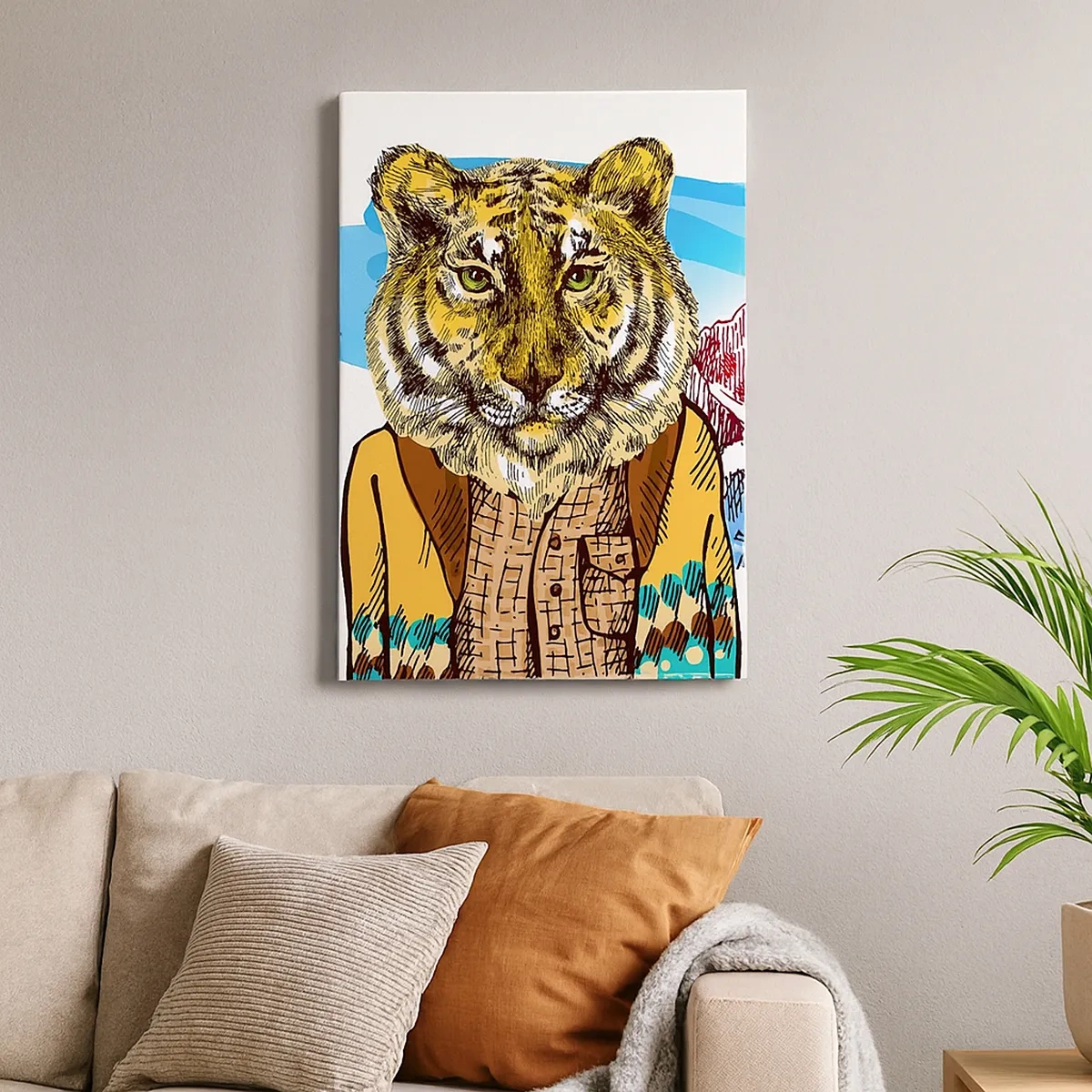 Bild auf Leinwand - Leinwandbild - Ein Tiger im Mantel vor einer Berglandschaft - 50x70cm - Nicht so wild, wie sie ihn zeichnen - Moderne Wanddekoration für Wohnzimmer und Schlafzimmer ARTTOR