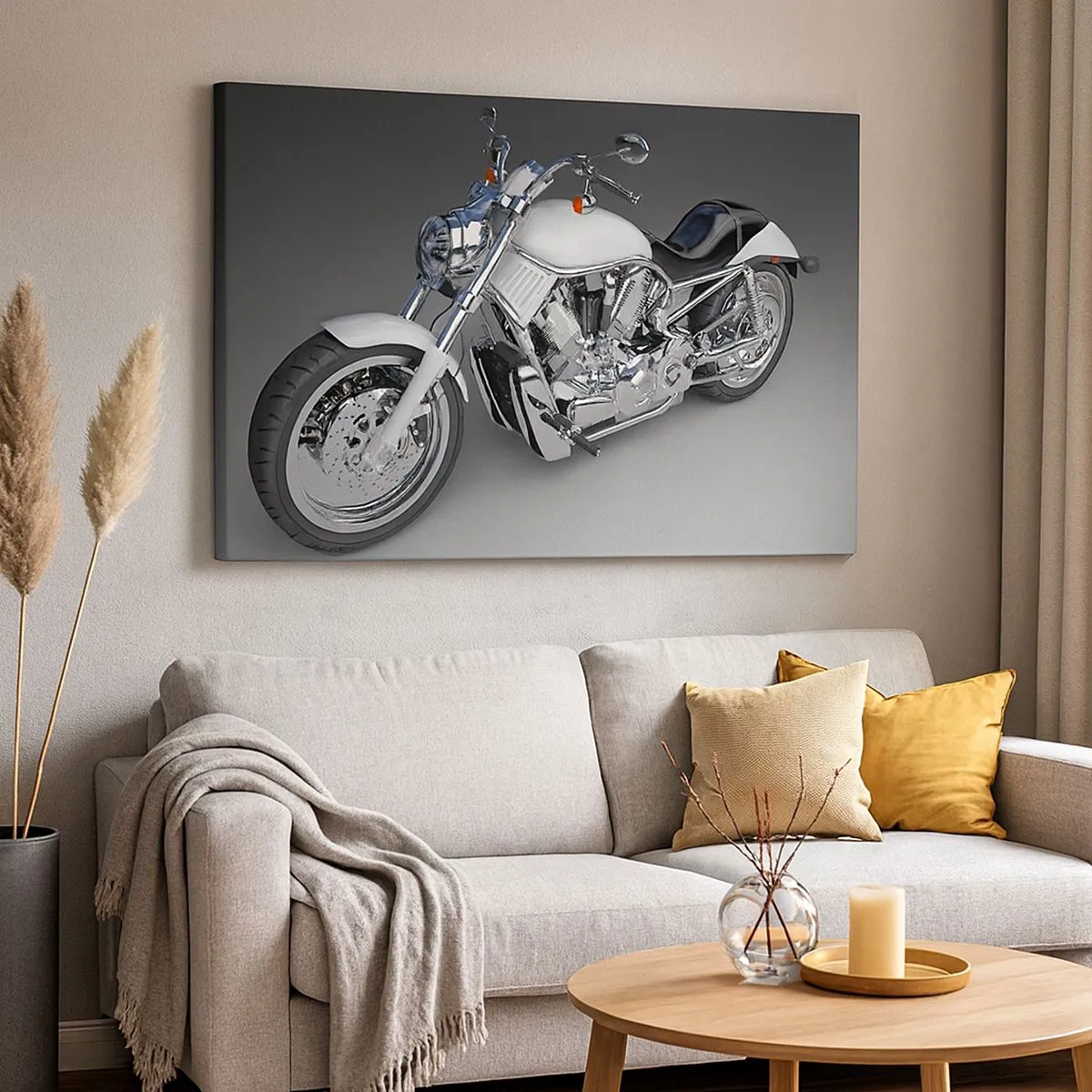 Bild auf Leinwand - Leinwandbild - Weißes Cruiser-Motorrad auf grauem Hintergrund - 70x50cm - So dass man hinknien möchte - Moderne Wanddekoration für Wohnzimmer und Schlafzimmer ARTTOR