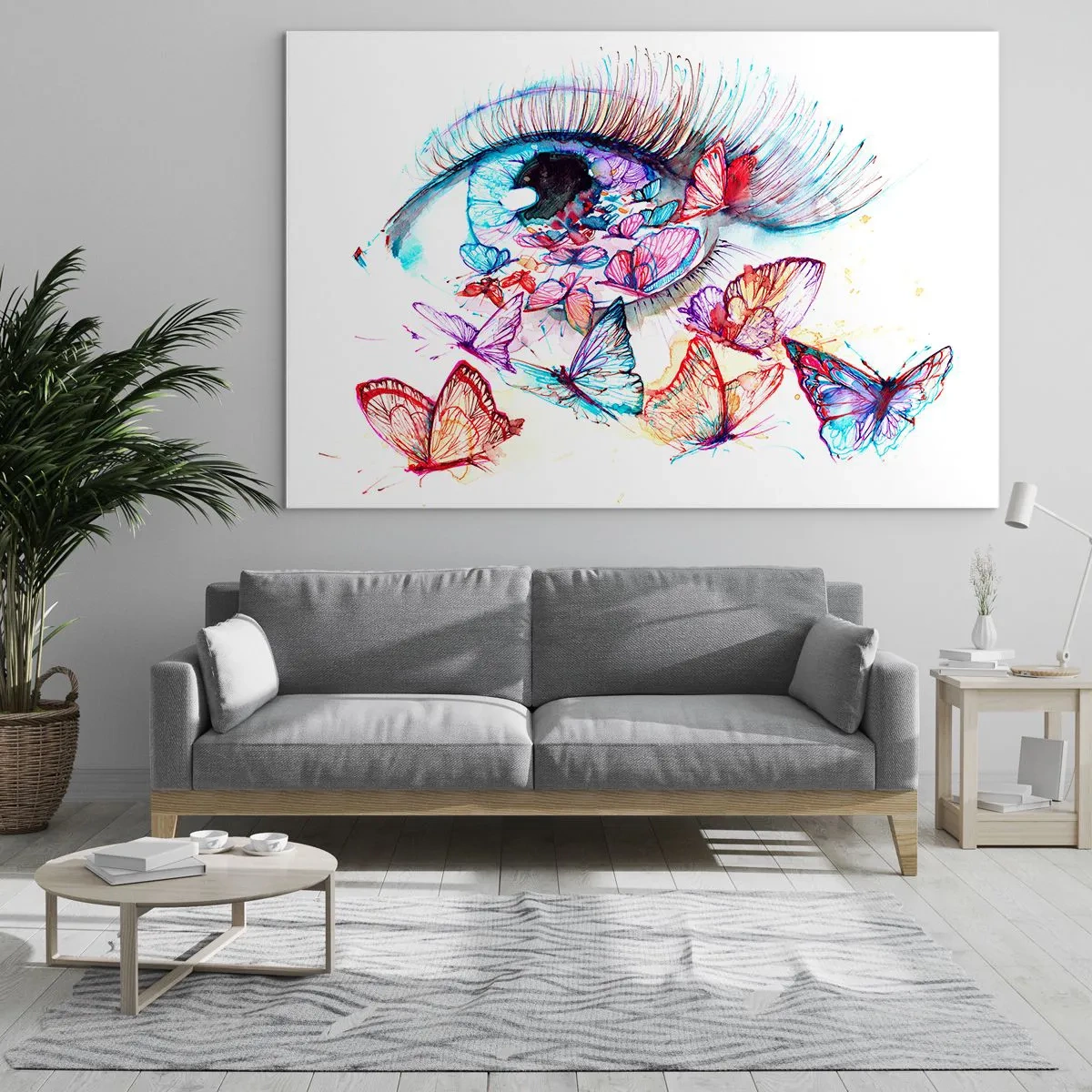 Glasbild - Bild auf glas - Das Auge einer Frau, umgeben von bunten Aquarellschmetterlingen - 120x80cm - Märchenhafter Augenzauber - Moderne Wanddekoration für Wohnzimmer und Schlafzimmer ARTTOR