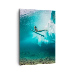 Bild auf Leinwand - Leinwandbild - Surfer unter einer Welle im blauen Ozeanwasser - 50x70cm - Unterwasserwelt - Moderne Wanddekoration für Wohnzimmer und Schlafzimmer ARTTOR