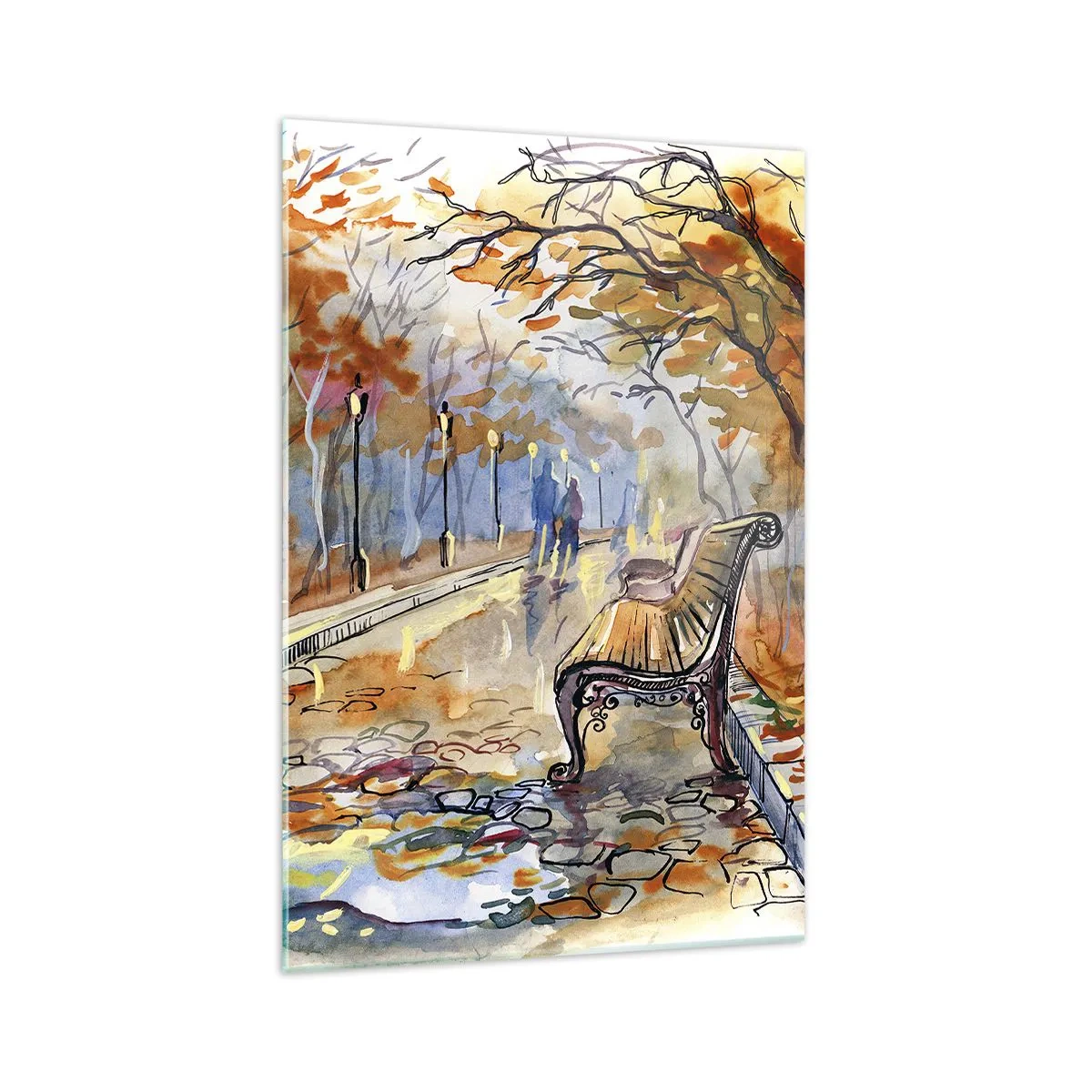 Glasbild - Bild auf glas - Ein herbstlicher Park mit einer Bank in Aquarell - 70x100cm - Gemeinsam im Herbst wandern - Moderne Wanddekoration für Wohnzimmer und Schlafzimmer ARTTOR