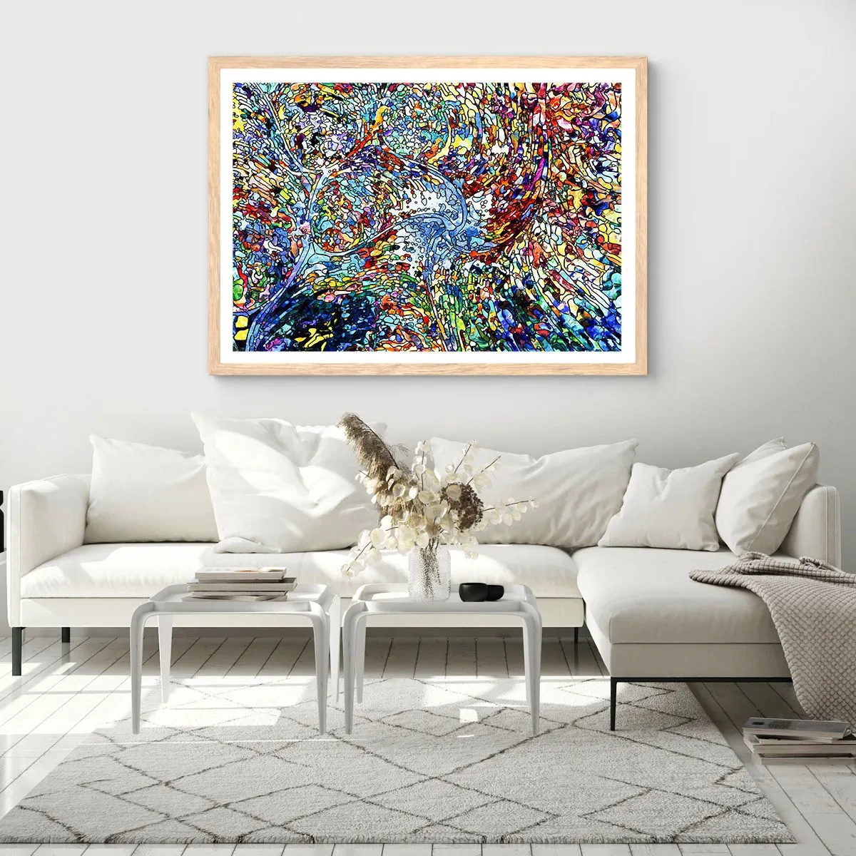 Poster in einem Rahmen aus heller Eiche - Glasmalerei Wassertropfen - 100x70 cm