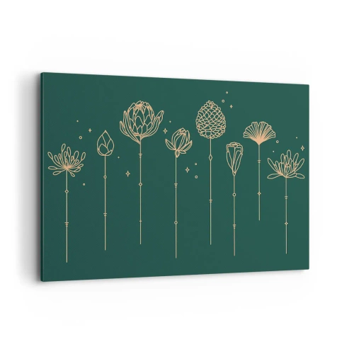 Bild auf Leinwand - Leinwandbild - Goldene Zeichnungen von Kräutern auf dunkelgrünem Hintergrund - 100x70cm - Familie ZIÓŁkowski - Moderne Wanddekoration für Wohnzimmer und Schlafzimmer ARTTOR