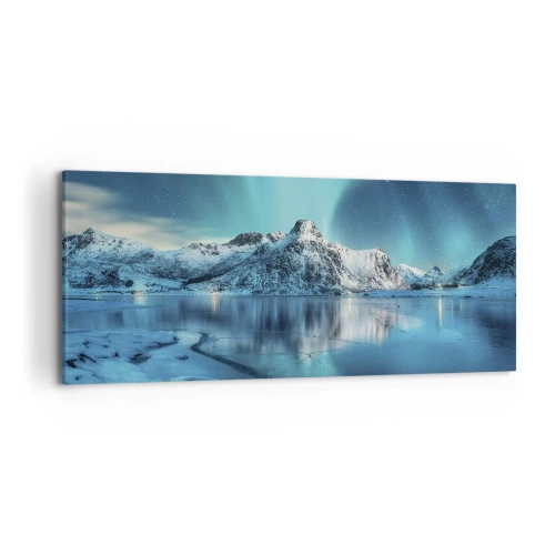 Bild auf Leinwand - Leinwandbild - Aurora Borealis über schneebedeckten Bergen und einem See - 120x50cm - Lichtnacht - Moderne Wanddekoration für Wohnzimmer und Schlafzimmer ARTTOR