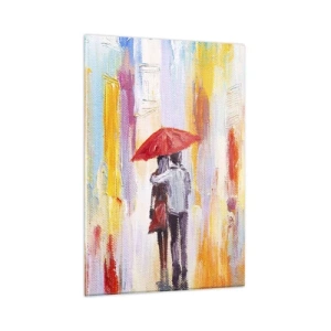 Glasbild - Bild auf glas - Ein Paar unter einem roten Regenschirm mit bunten Gebäuden im Hintergrund. - 80x120cm - Lass es weiter regnen - Moderne Wanddekoration für Wohnzimmer und Schlafzimmer ARTTOR